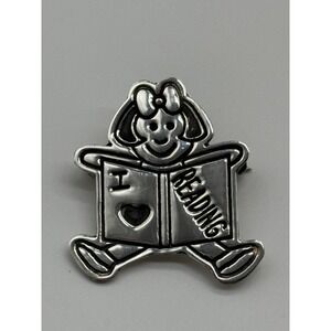 Mexico Sterling Silver Girl Book Brooch I Heart Love Reading Pin
